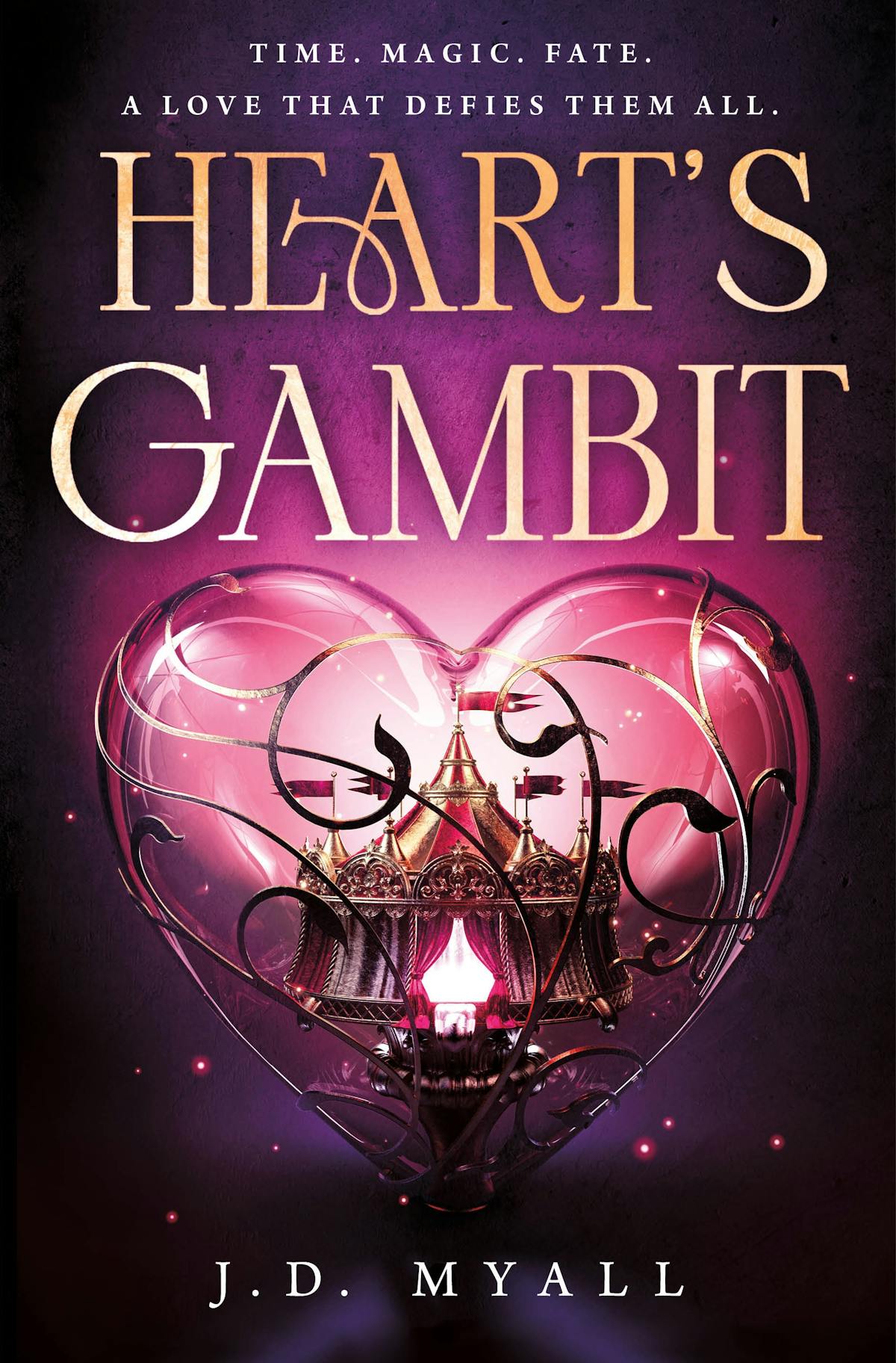 Heart's Gambit cover, in which a lit circus tent is held within a glass heart with metal filigree. 